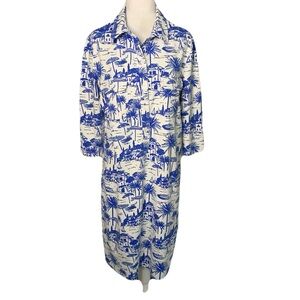 Persifor Women’s XL Blue/Off White Tripical Beach Stretch Button Front Dress